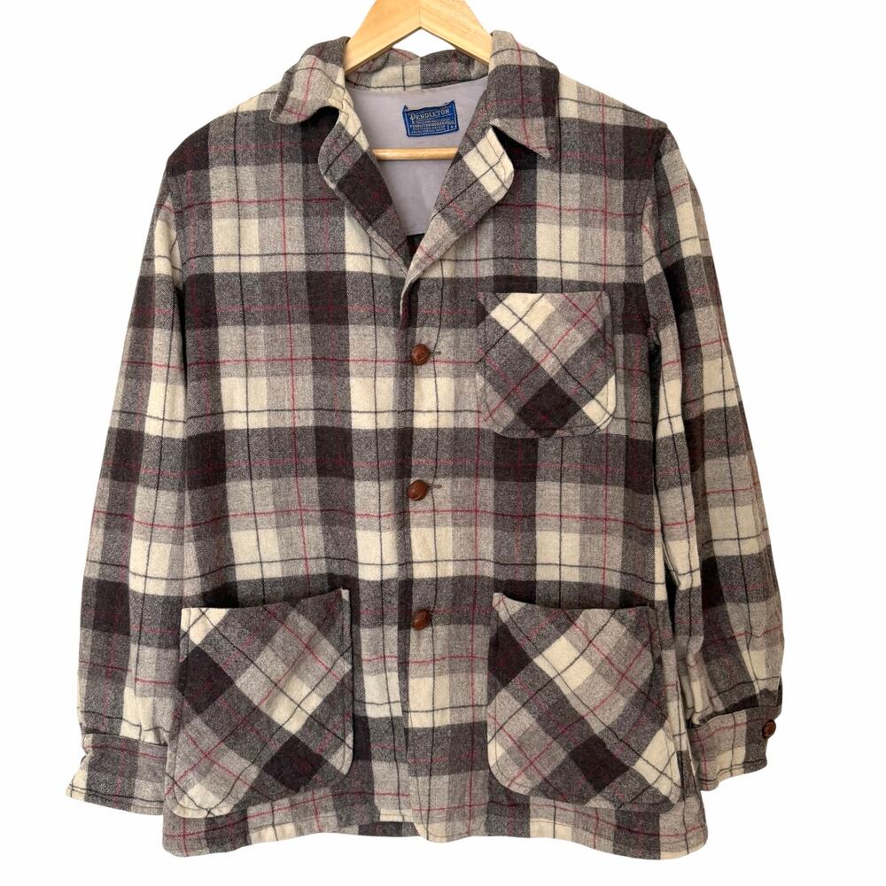 PENDLETON Vintage 1950's Topster Wool Plaid Leather Buttons Shirt Jacket, Small